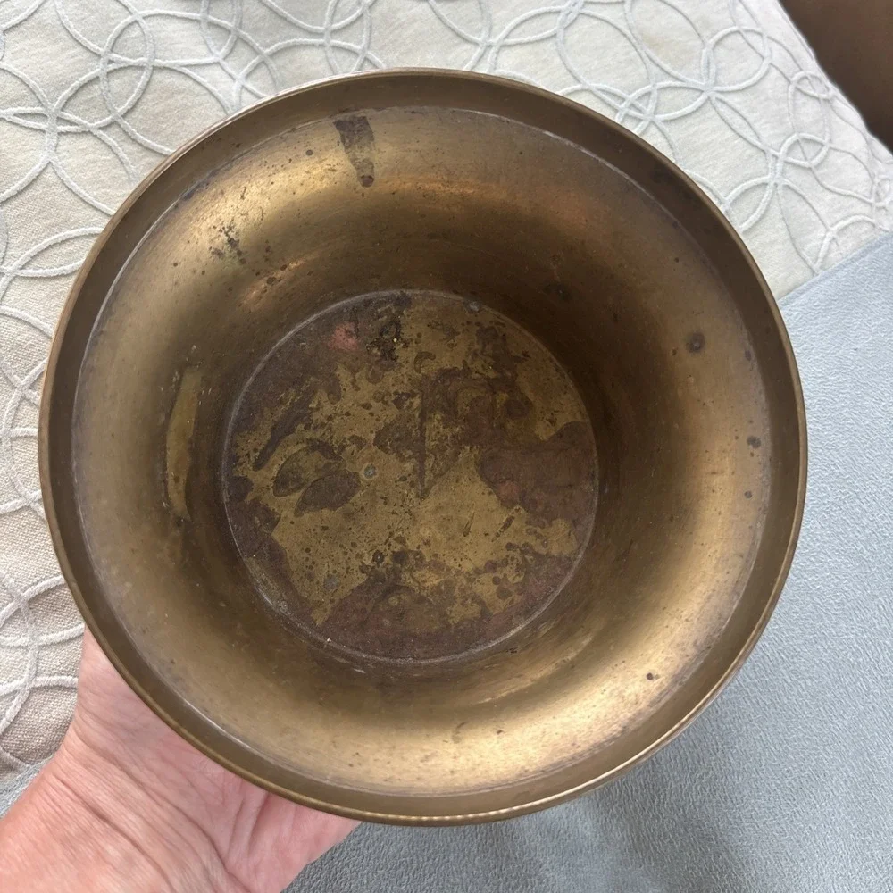 Vintage MCM Etched Brass Bowl Planter Trinket Dish Nice Patina 2.5